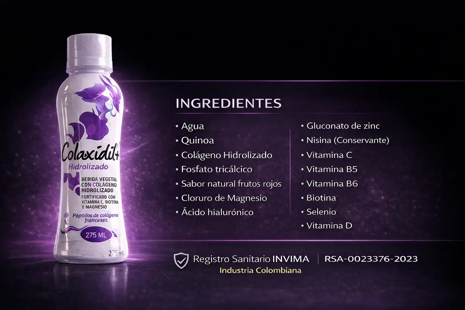 Registro Sanitario INVIMA y tabla de ingredientes Colaxidil+